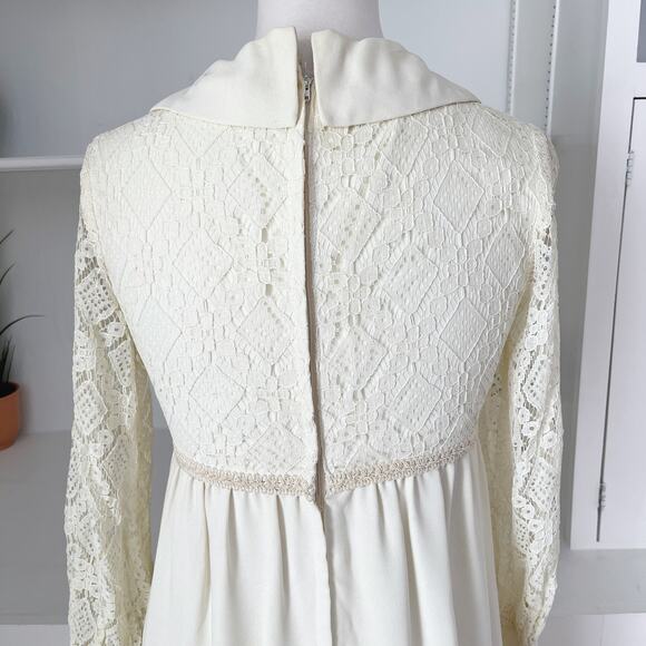 Vintage 60s Mod Handmade Peter Pan Collar Button Bib Lace Wedding Dress Size 0 - Picture 6 of 7